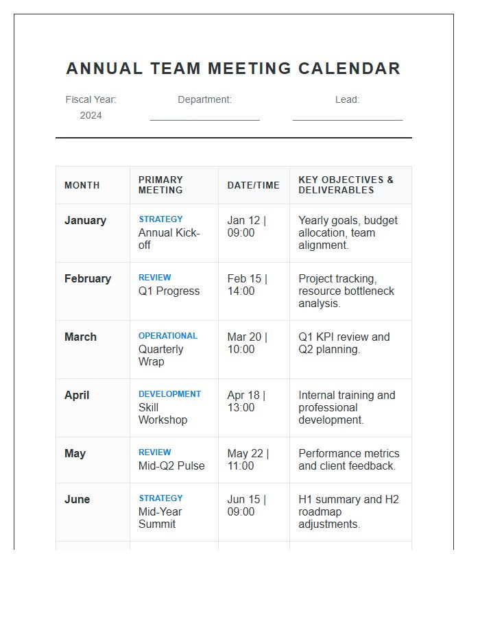 Annual Team Meeting Calendar Printable Chart