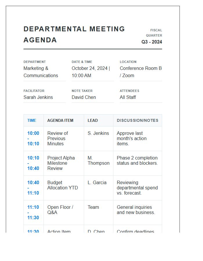 Departmental Meeting Agenda Calendar Printable Chart