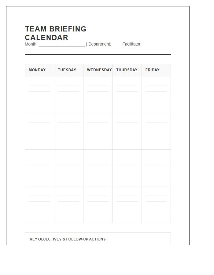 Employee Team Briefing Calendar Printable Chart