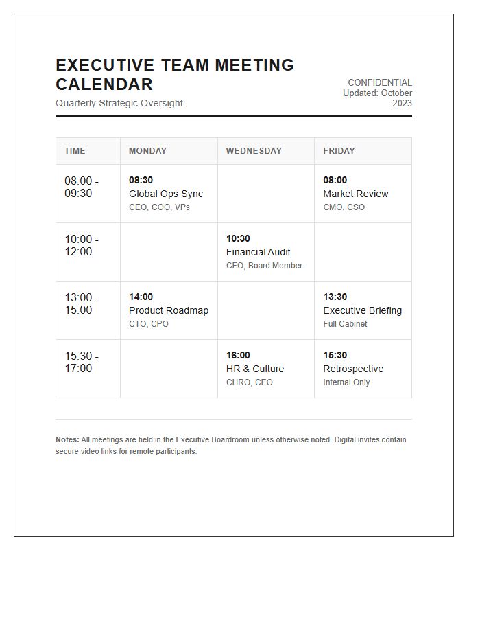 Executive Team Meeting Calendar Printable Chart