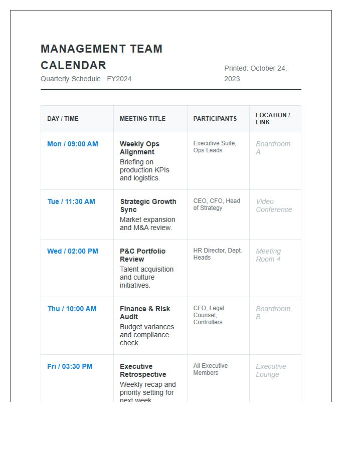 Management Team Meeting Calendar Printable Chart