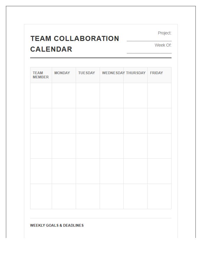 Office Team Collaboration Calendar Printable Chart