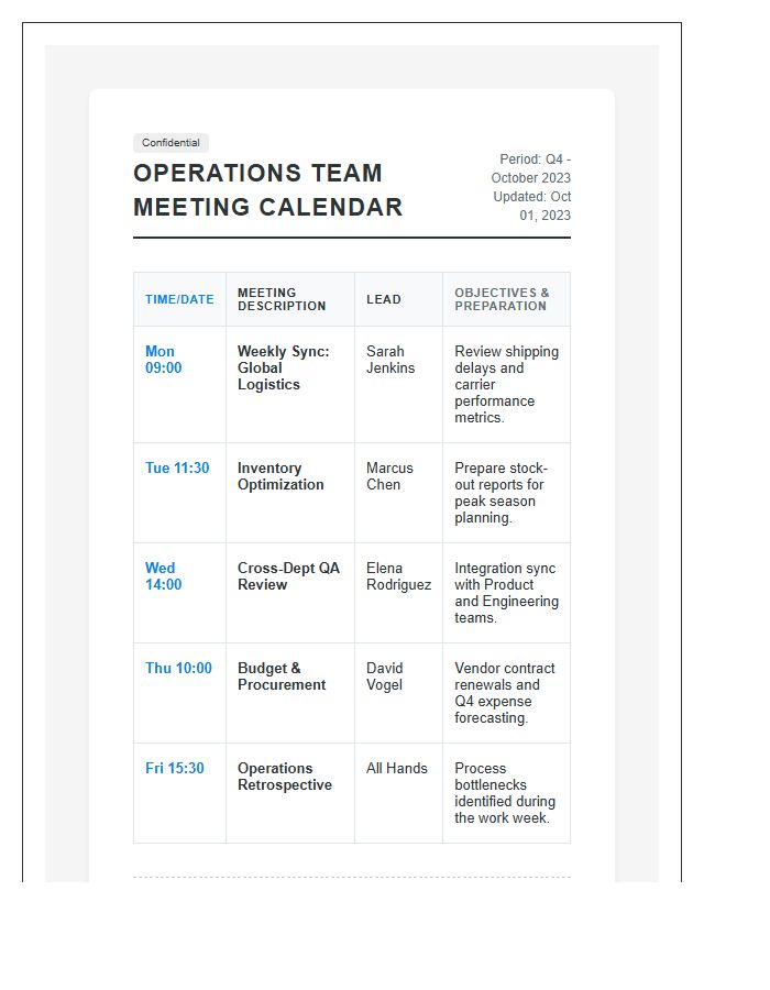 Operations Team Meeting Calendar Printable Chart