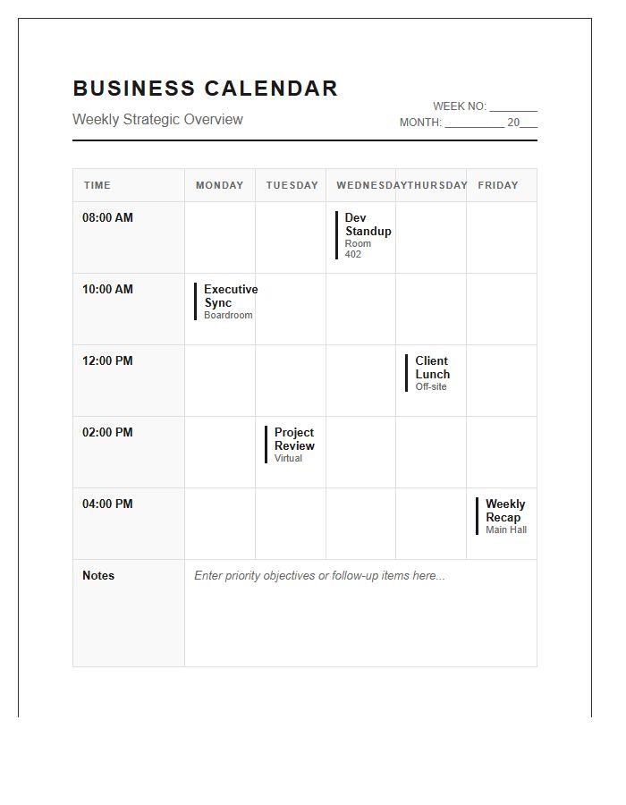 Professional Business Meeting Calendar Printable Chart
