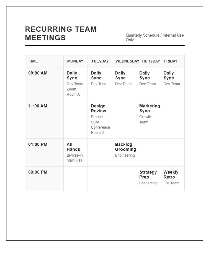 Recurring Team Meeting Calendar Printable Chart