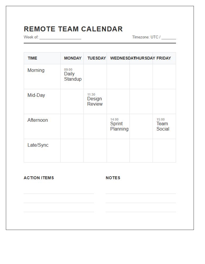 Remote Team Meeting Calendar Printable Chart