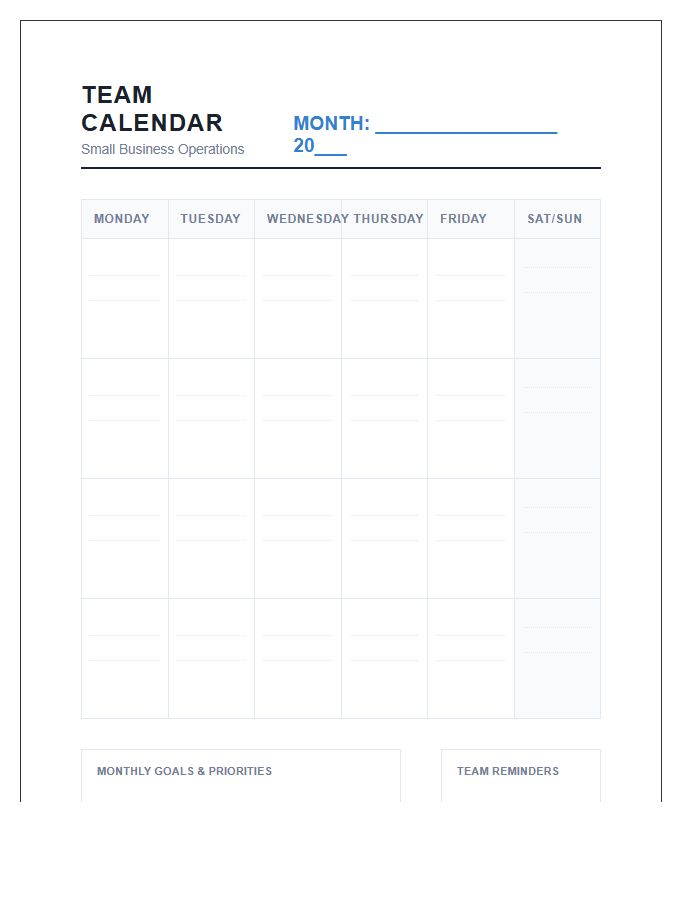 Small Business Team Calendar Printable Chart