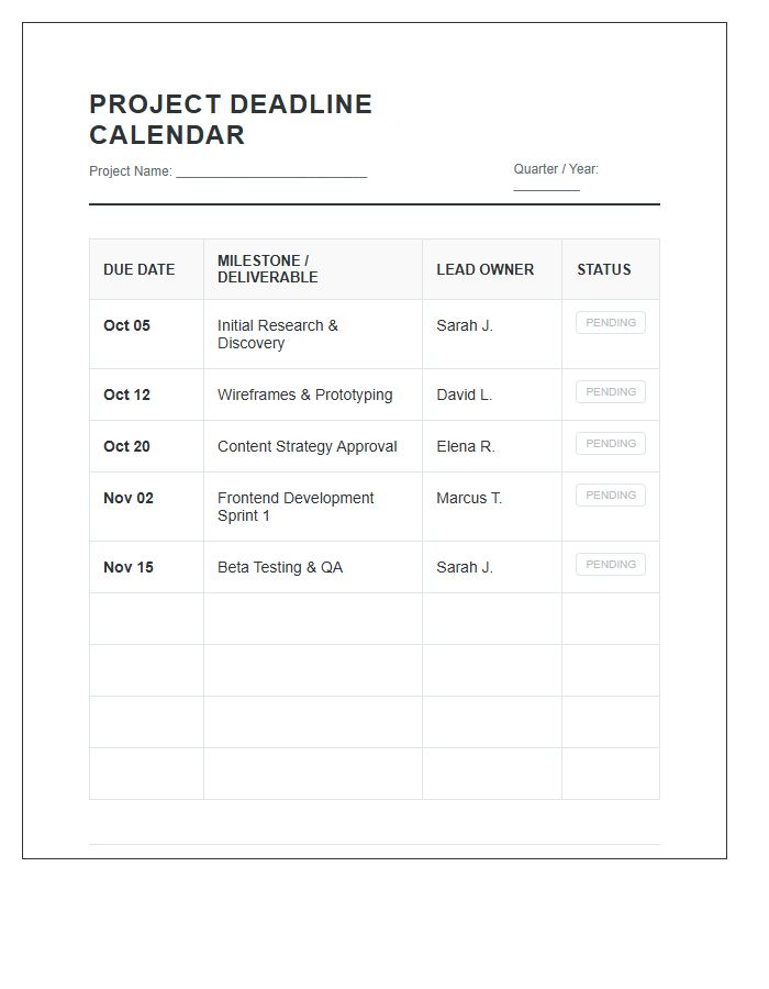 Team Project Deadline Calendar Printable Chart