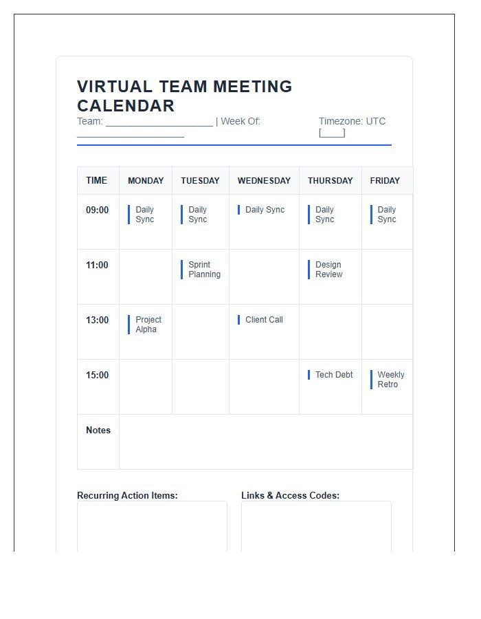 Virtual Team Meeting Calendar Printable Chart