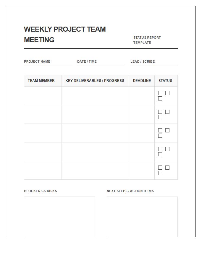 Weekly Project Team Meeting Printable Chart