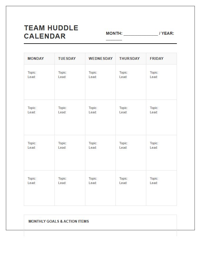 Workplace Team Huddle Calendar Printable Chart
