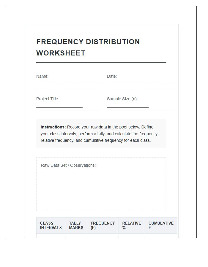 Statistics Project Printable Frequency Distribution Chart Worksheet