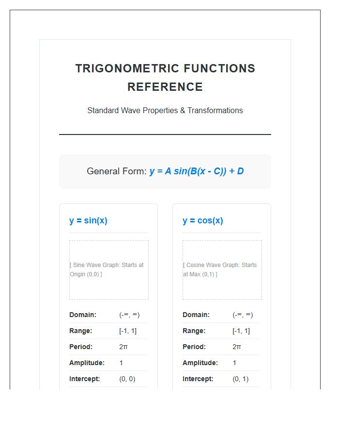 High School Trigonometry Wave Graph Printable Reference Chart