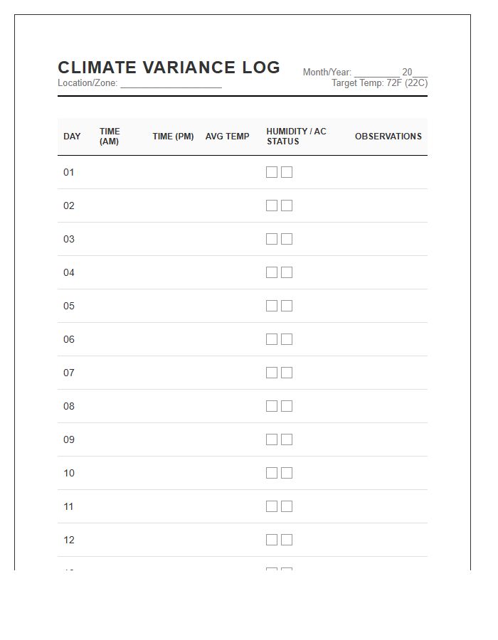 Office Climate Control Daily Temperature Variance Printable Chart