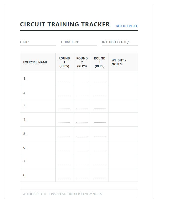 Circuit Training Repetition Tracking Sheet Printable Chart