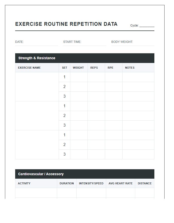 Comprehensive Exercise Routine Repetition Data Printable Chart
