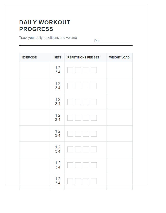 Daily Workout Routine Repetition Progress Chart Printable