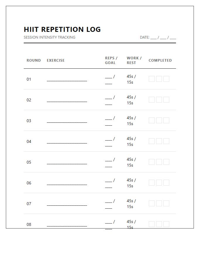 High Intensity Interval Training Repetition Printable Chart