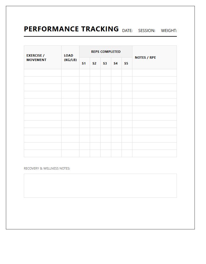 Printable Athletic Performance Repetition Tracking Chart
