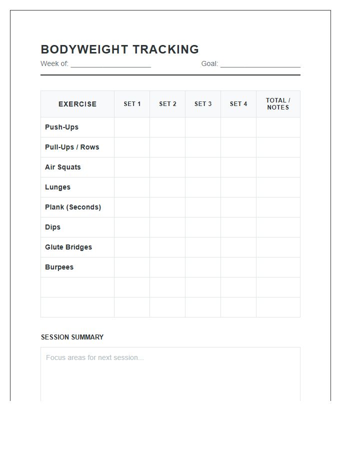 Printable Bodyweight Exercise Repetition Monitoring Chart