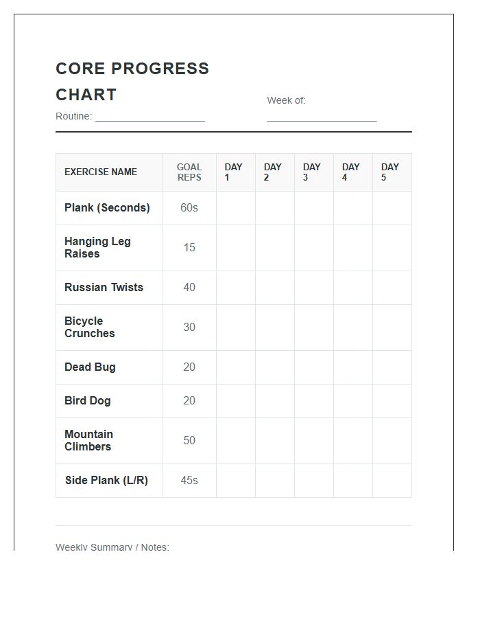 Printable Core Exercise Repetition Progress Chart