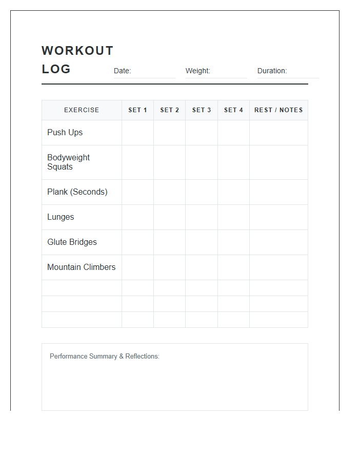 Printable Home Workout Repetition Management Chart