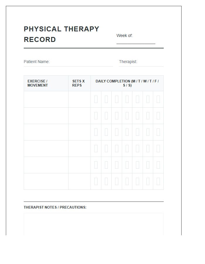Printable Physical Therapy Repetition Record Chart