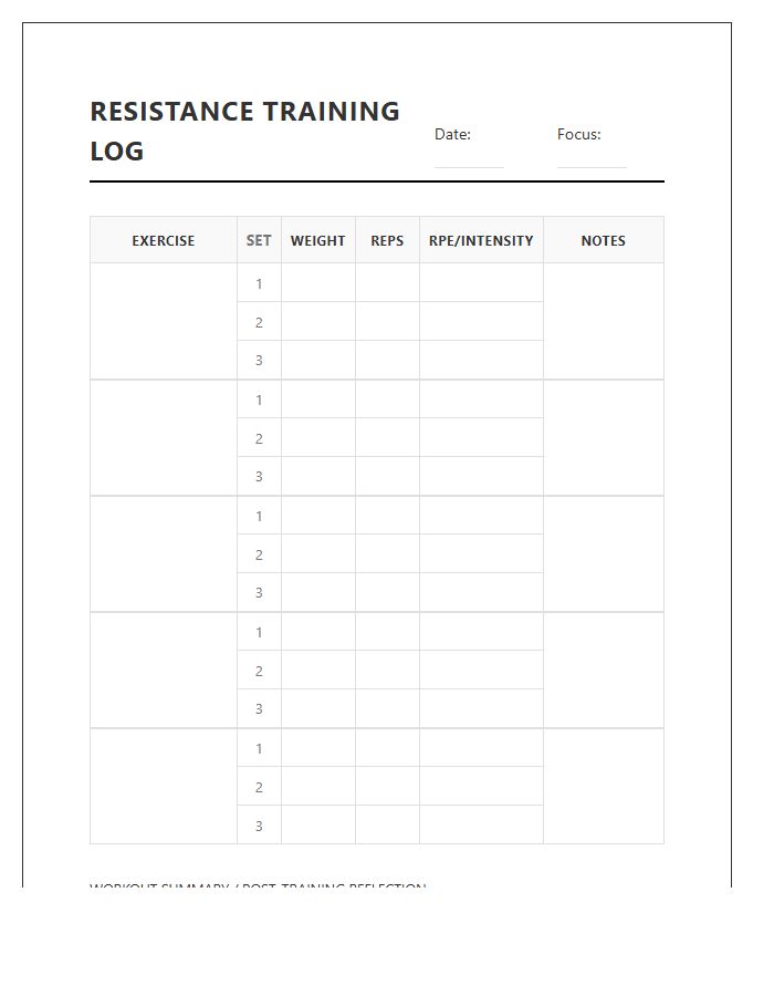 Printable Resistance Training Repetition Tracking Chart