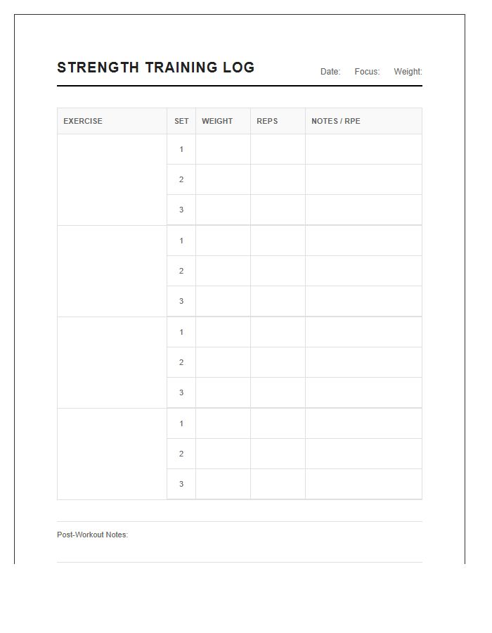 Printable Strength Training Repetition Tracking Chart