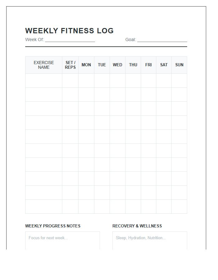 Weekly Fitness Routine Repetition Log Printable Chart