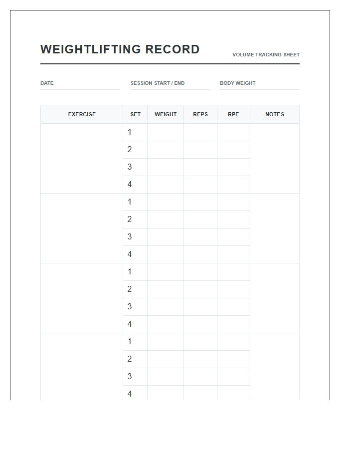 Weightlifting Repetition Record Sheet Printable Chart