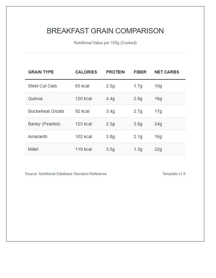 Breakfast Grain Nutritional Calorie Intake Comparison Chart Printable