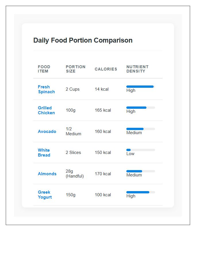 Daily Food Portion Nutritional Calorie Intake Comparison Chart