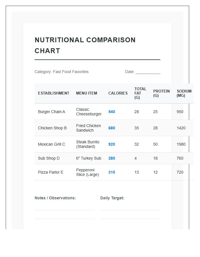 Fast Food Nutritional Calorie Intake Comparison Chart Printable