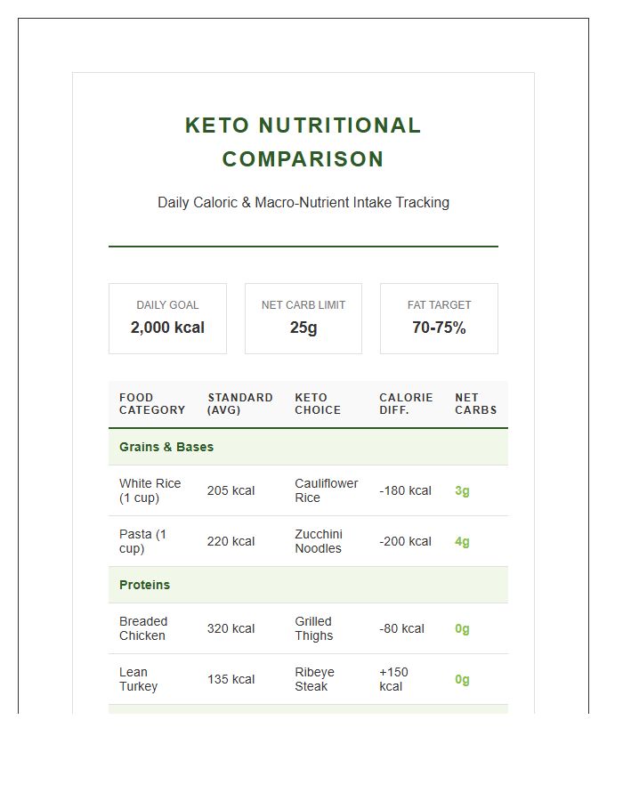 Keto Friendly Nutritional Calorie Intake Comparison Chart Printable