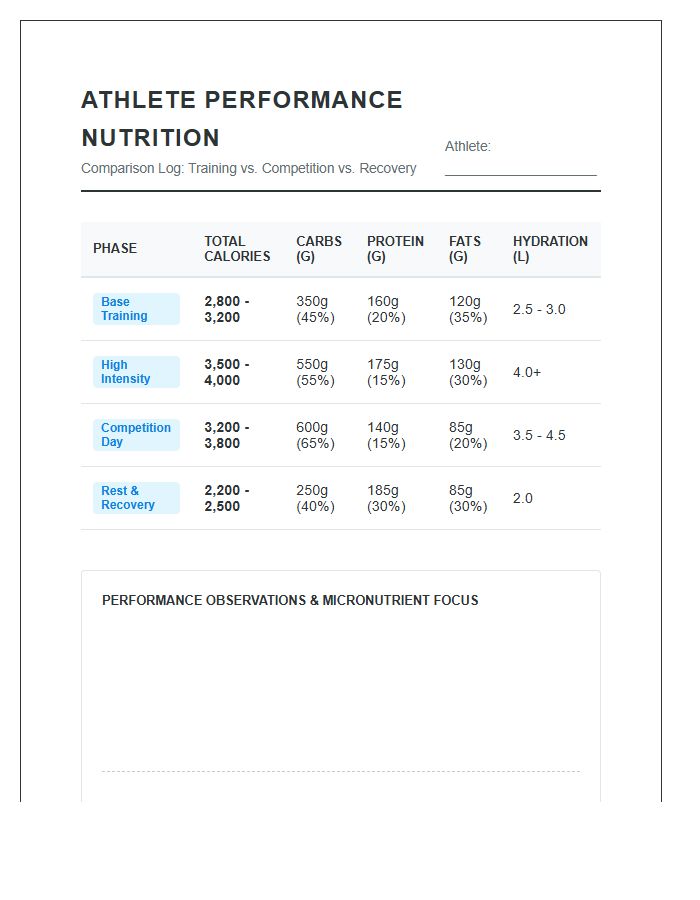 Printable Athlete Performance Nutritional Calorie Intake Comparison Chart
