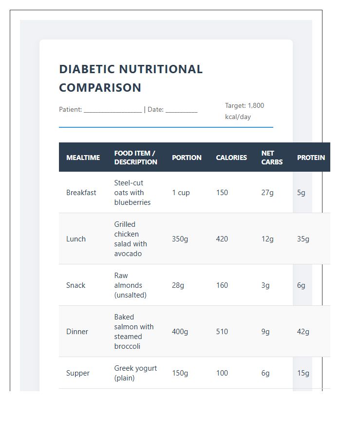Printable Diabetic Meal Nutritional Calorie Intake Comparison Chart