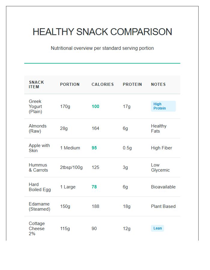 Printable Healthy Snack Nutritional Calorie Intake Comparison Chart