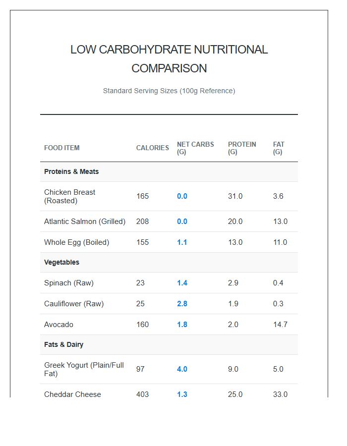 Printable Low Carbohydrate Nutritional Calorie Intake Comparison Chart