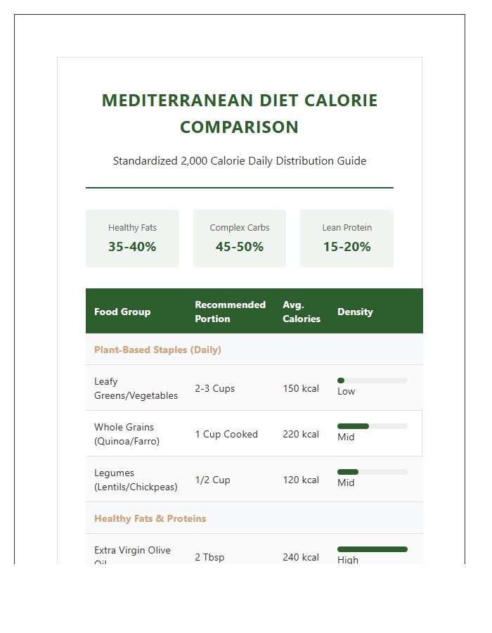 Printable Mediterranean Diet Nutritional Calorie Intake Comparison Chart