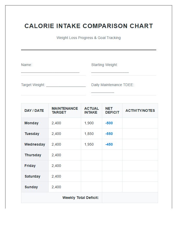 Printable Nutritional Calorie Intake Comparison Chart For Weight Loss