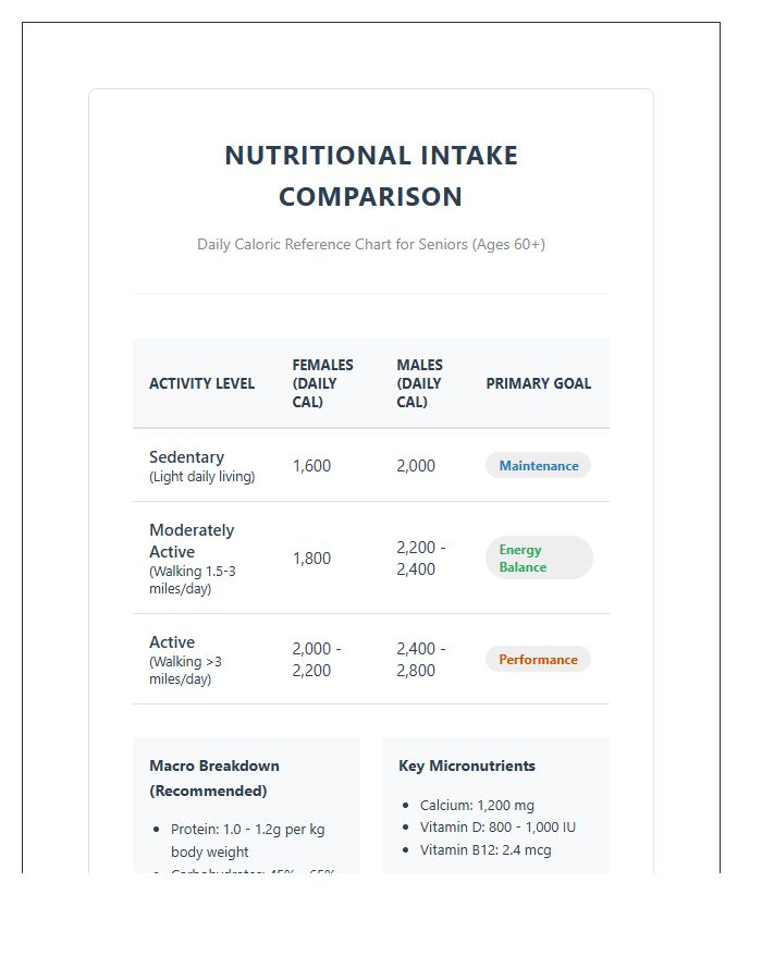 Printable Senior Citizen Nutritional Calorie Intake Comparison Chart