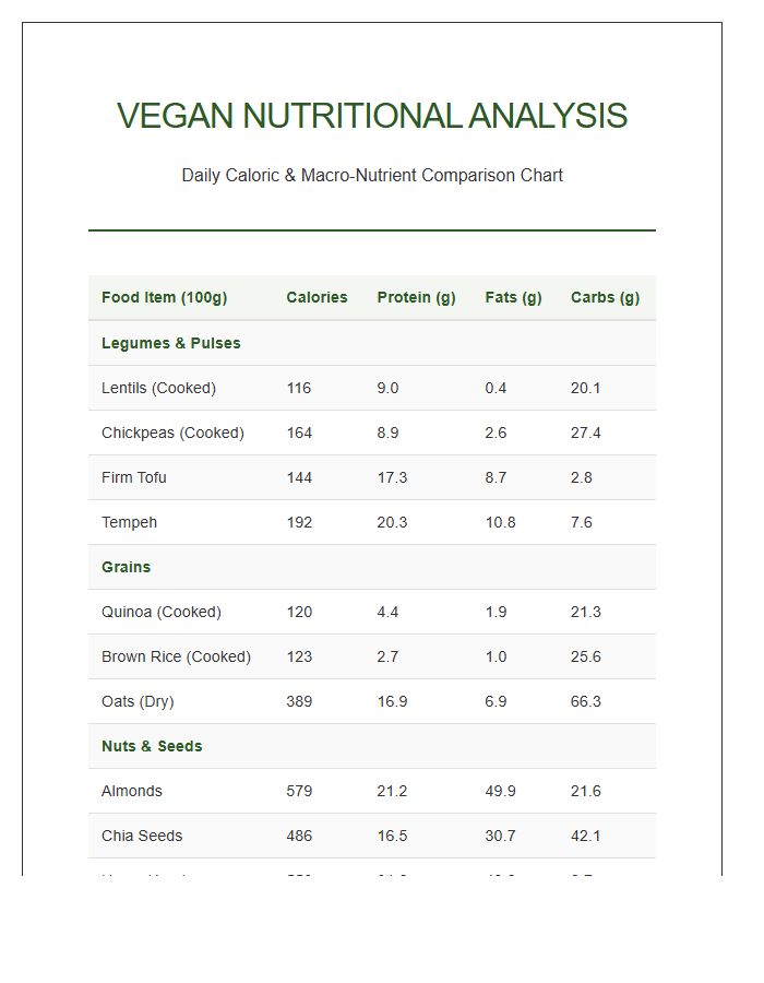 Printable Vegan Diet Nutritional Calorie Intake Comparison Chart
