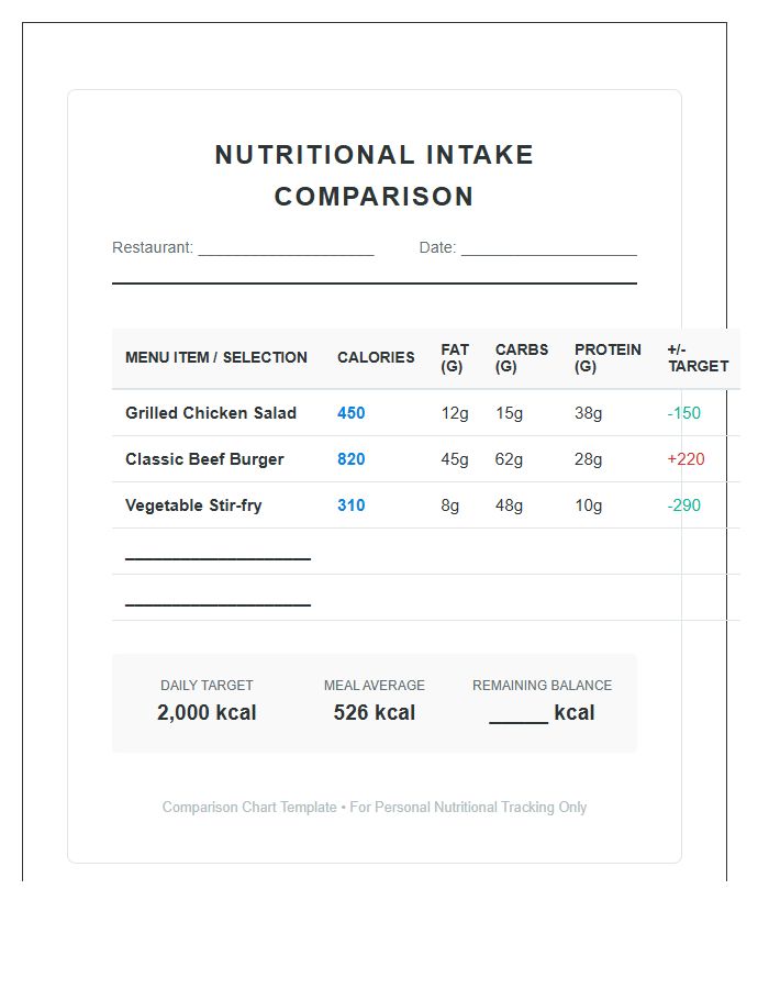 Restaurant Menu Nutritional Calorie Intake Comparison Chart Printable