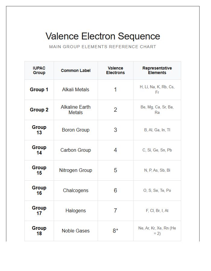 Printable Periodic Table Valence Electrons Sequence Chart