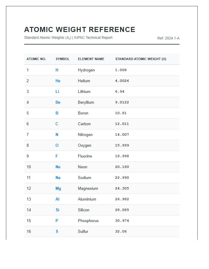 Professional Printable Periodic Table Weight Reference Chart