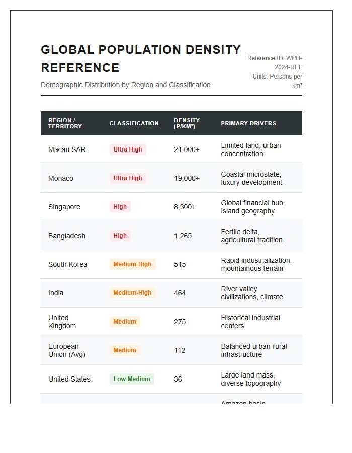 Detailed World Population Density Reference Printable Chart