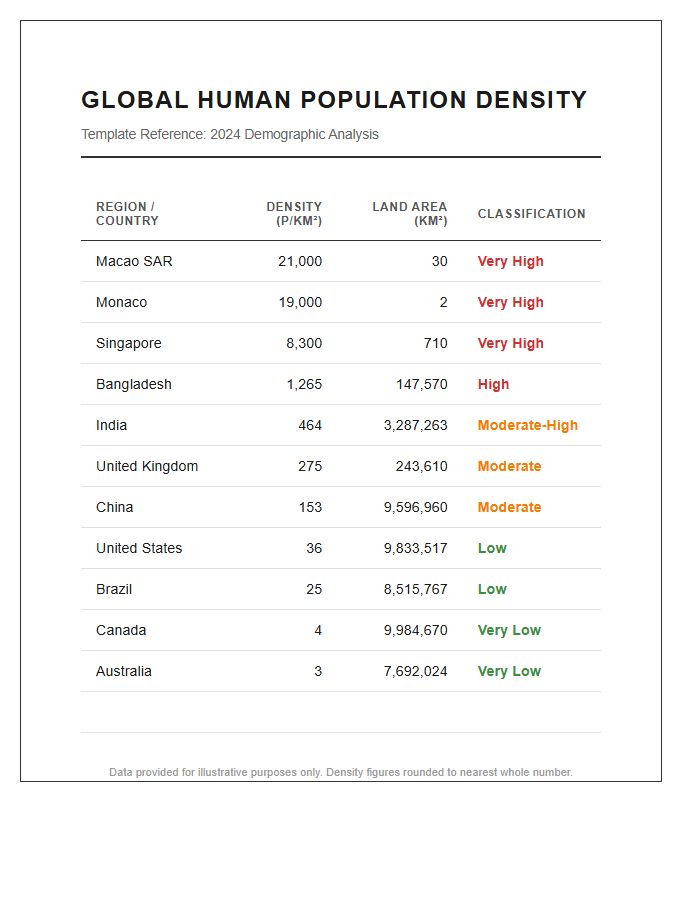 Global Human Population Density Printable Chart