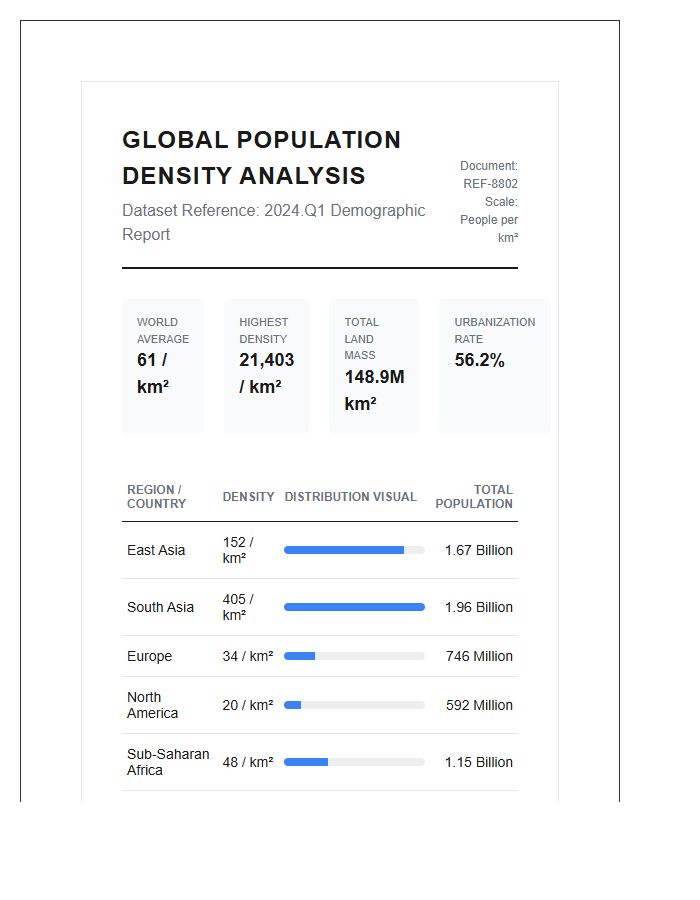 Professional World Population Density Visualization Printable Chart