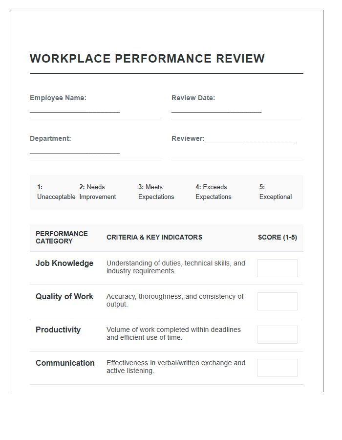 Comprehensive Workplace Performance Review Scoring Chart Printable